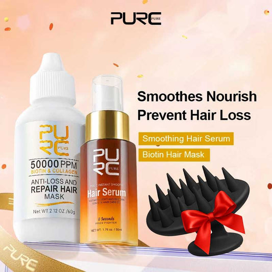 PURC Smoothing Hair Serum & Biotin Hair Mask Set + FREE Scalp Massager!
